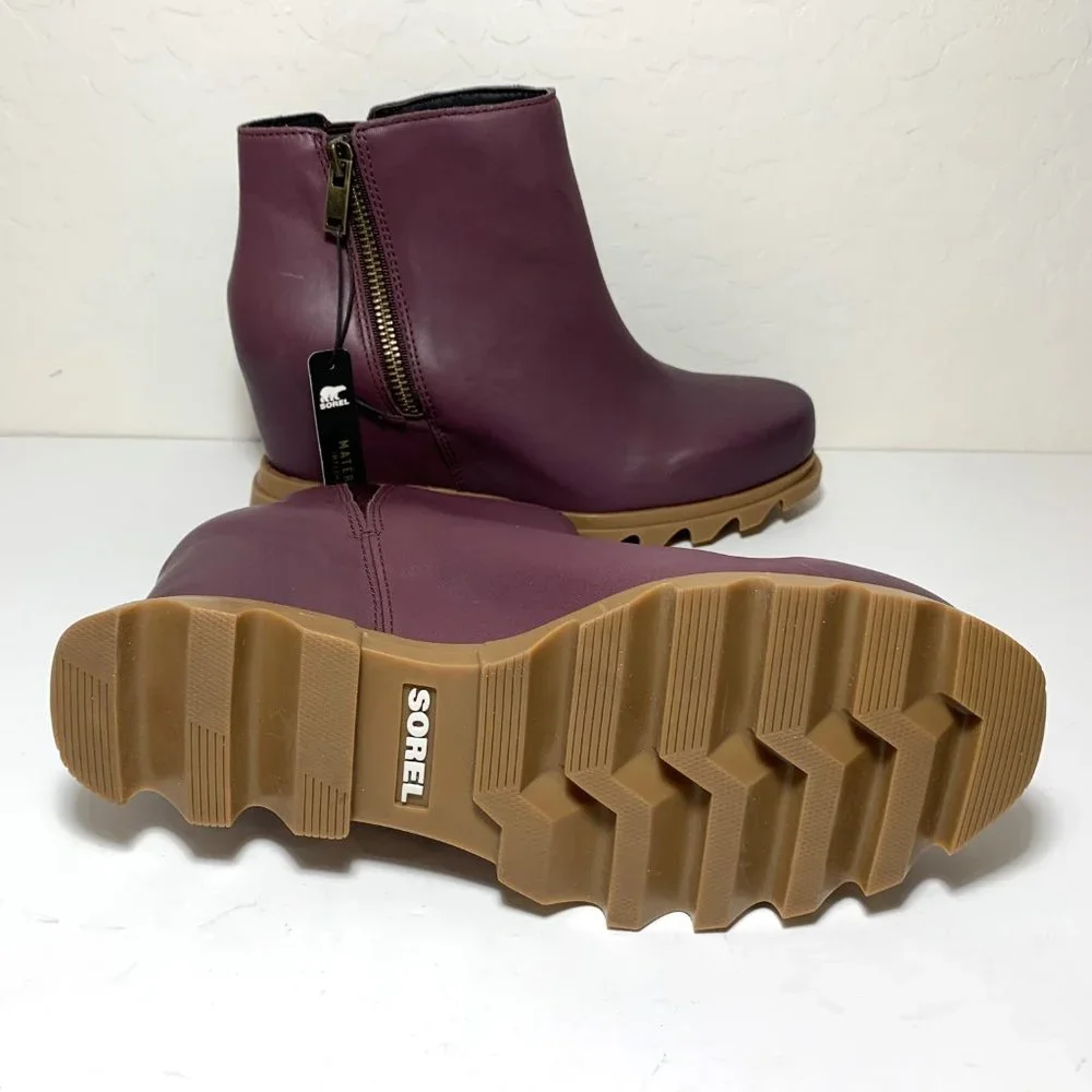 Sorel Joan of Arctic Wedge III Zip Boots Leather Booties Ice Wine Size 9.5 NEW